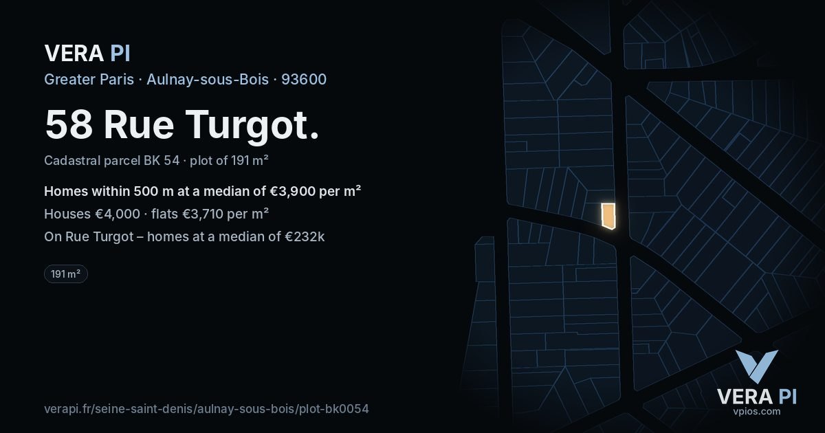 58 Rue Turgot, Aulnay-sous-Bois at night – the plot lit, the parcels around coloured by the prices near them