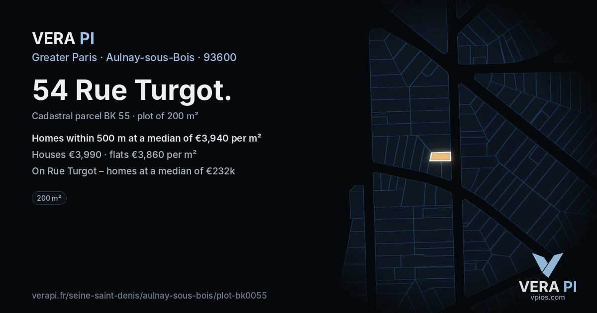 54 Rue Turgot, Aulnay-sous-Bois at night – the plot lit, the parcels around coloured by the prices near them