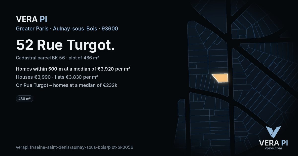 52 Rue Turgot, Aulnay-sous-Bois at night – the plot lit, the parcels around coloured by the prices near them