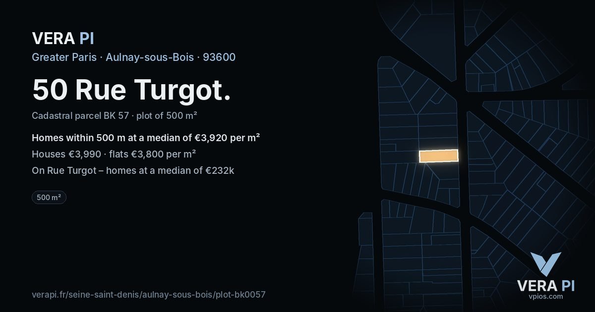 50 Rue Turgot, Aulnay-sous-Bois at night – the plot lit, the parcels around coloured by the prices near them