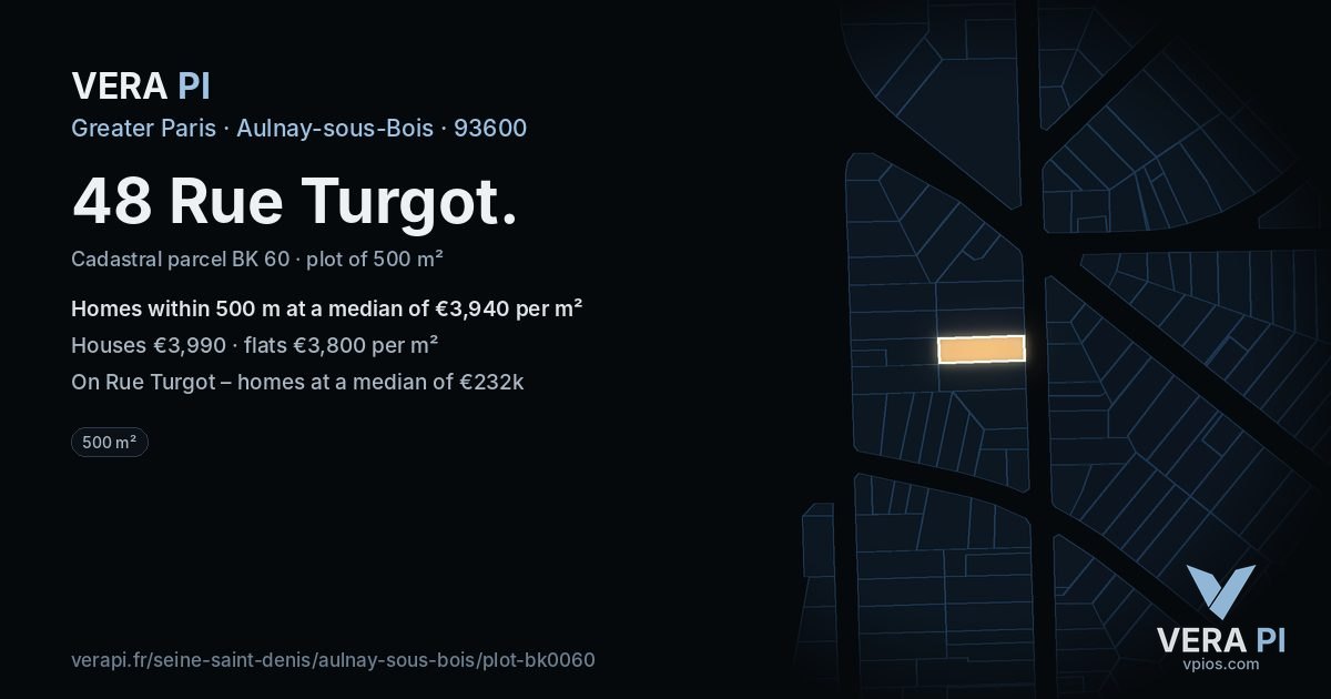 48 Rue Turgot, Aulnay-sous-Bois at night – the plot lit, the parcels around coloured by the prices near them