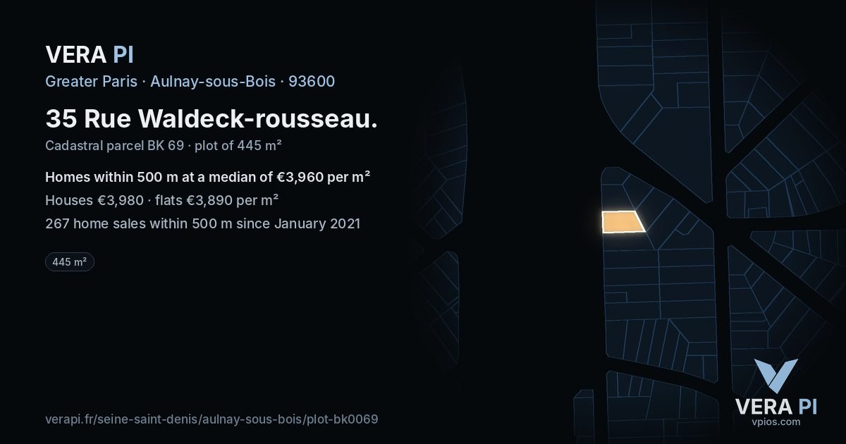 35 Rue Waldeck-rousseau, Aulnay-sous-Bois at night – the plot lit, the parcels around coloured by the prices near them