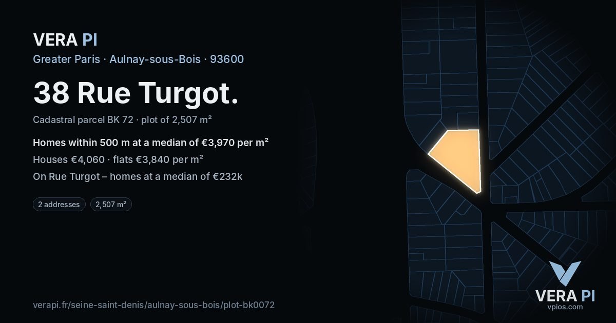 38 Rue Turgot, Aulnay-sous-Bois at night – the plot lit, the parcels around coloured by the prices near them