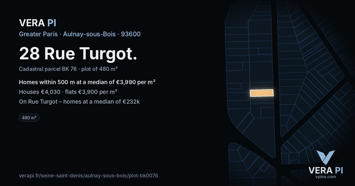 28 Rue Turgot, Aulnay-sous-Bois at night – the plot lit, the parcels around coloured by the prices near them