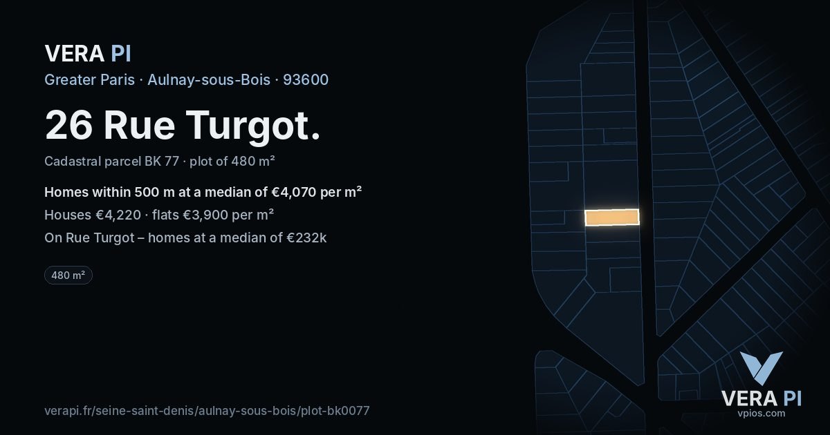 26 Rue Turgot, Aulnay-sous-Bois at night – the plot lit, the parcels around coloured by the prices near them