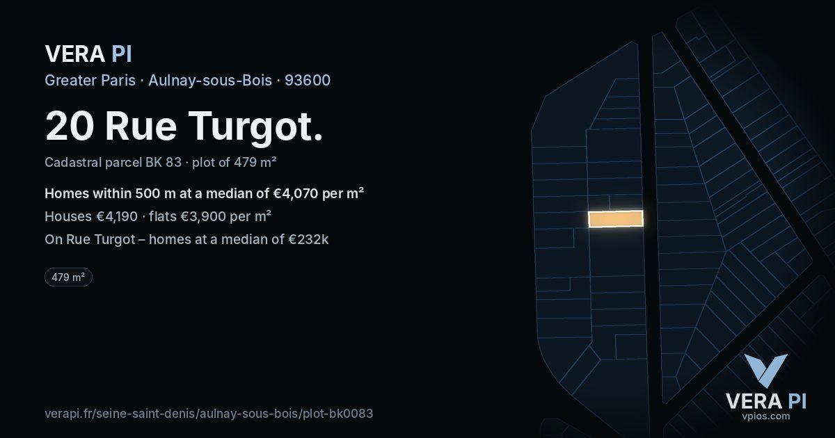 20 Rue Turgot, Aulnay-sous-Bois at night – the plot lit, the parcels around coloured by the prices near them