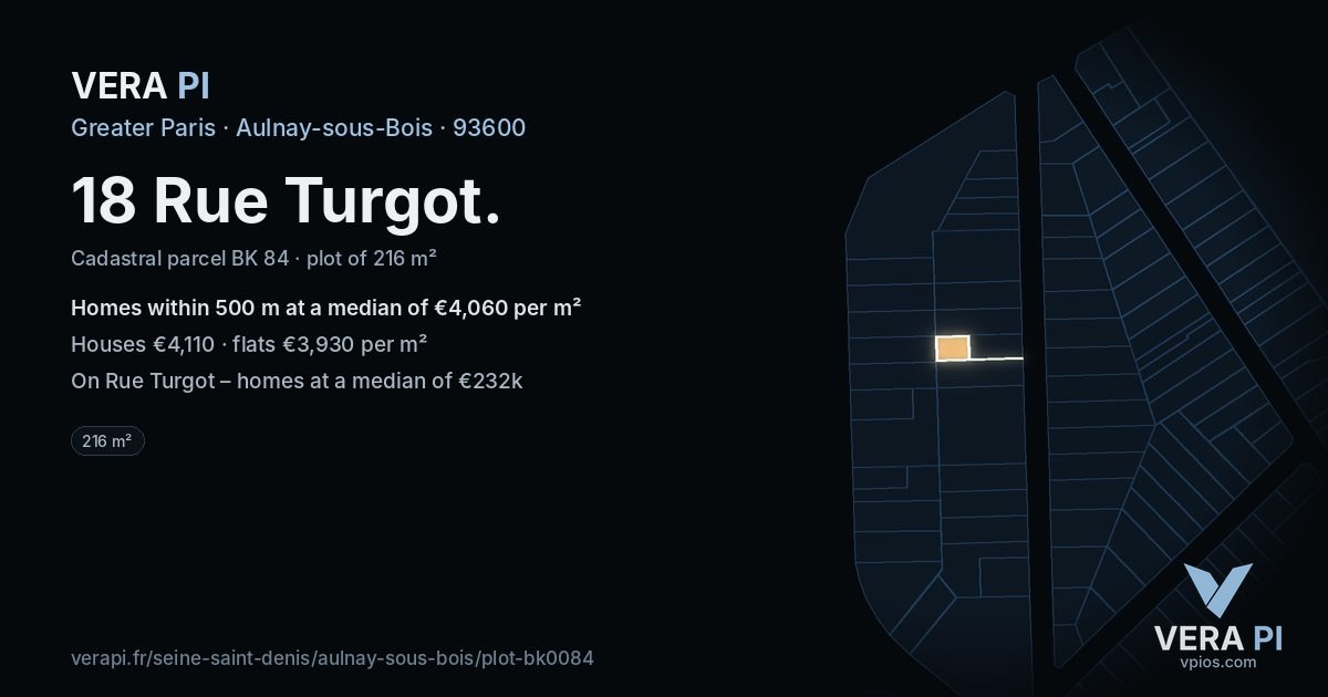 18 Rue Turgot, Aulnay-sous-Bois at night – the plot lit, the parcels around coloured by the prices near them
