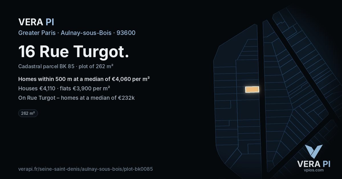 16 Rue Turgot, Aulnay-sous-Bois at night – the plot lit, the parcels around coloured by the prices near them