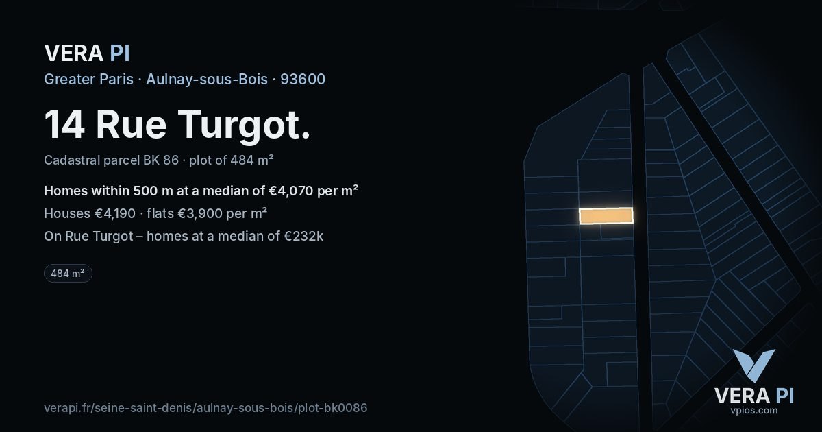 14 Rue Turgot, Aulnay-sous-Bois at night – the plot lit, the parcels around coloured by the prices near them
