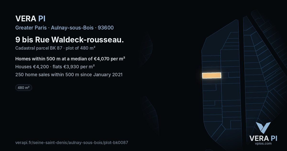 9 bis Rue Waldeck-rousseau, Aulnay-sous-Bois at night – the plot lit, the parcels around coloured by the prices near them