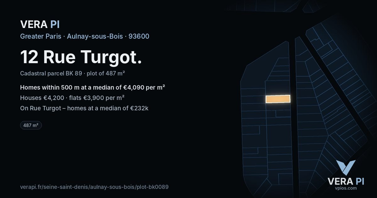 12 Rue Turgot, Aulnay-sous-Bois at night – the plot lit, the parcels around coloured by the prices near them