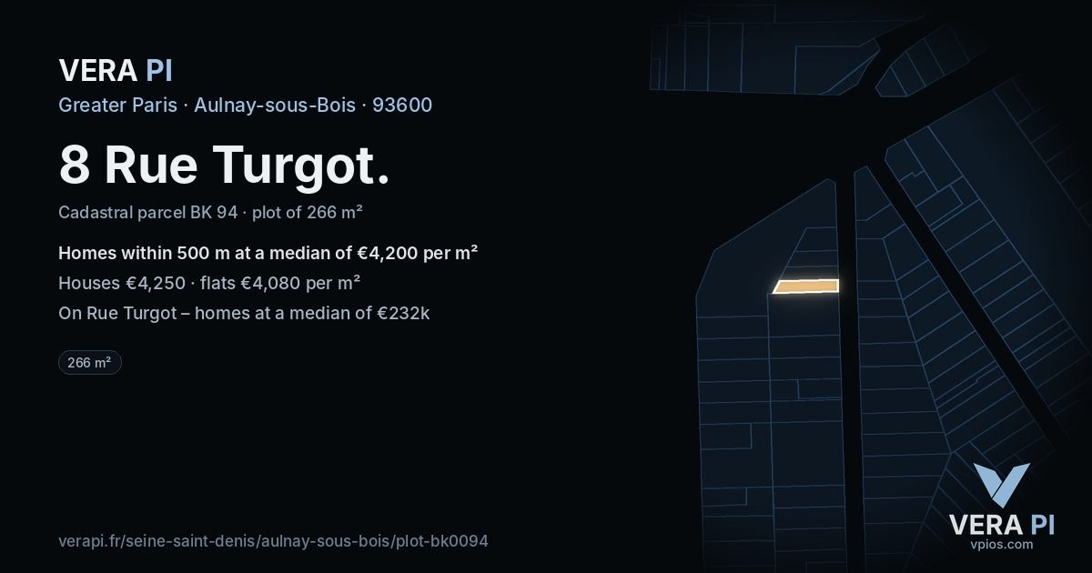 8 Rue Turgot, Aulnay-sous-Bois at night – the plot lit, the parcels around coloured by the prices near them