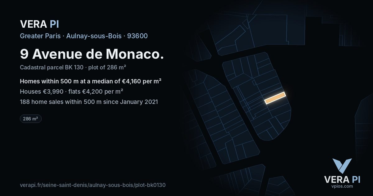 9 Avenue de Monaco, Aulnay-sous-Bois at night – the plot lit, the parcels around coloured by the prices near them