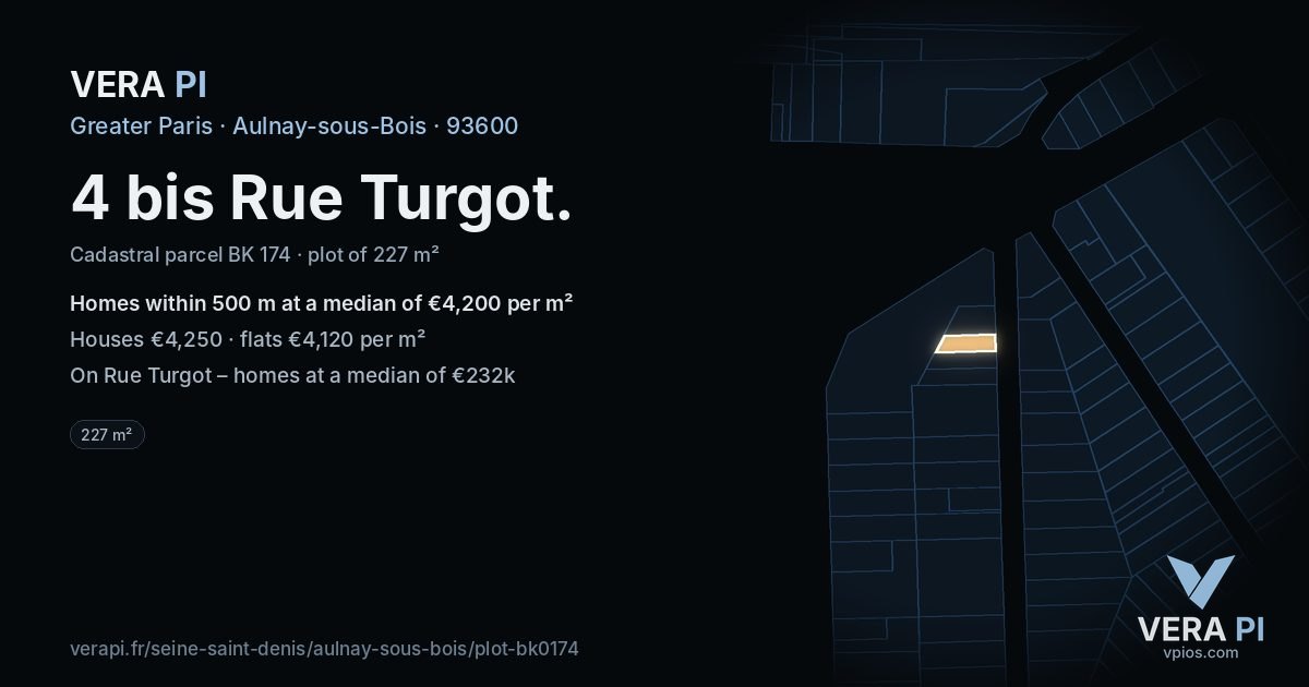 4 bis Rue Turgot, Aulnay-sous-Bois at night – the plot lit, the parcels around coloured by the prices near them
