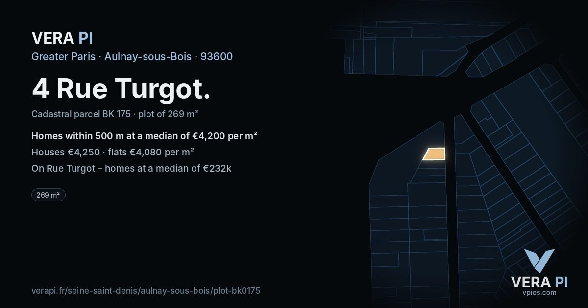 4 Rue Turgot, Aulnay-sous-Bois at night – the plot lit, the parcels around coloured by the prices near them