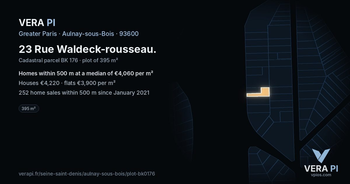 23 Rue Waldeck-rousseau, Aulnay-sous-Bois at night – the plot lit, the parcels around coloured by the prices near them