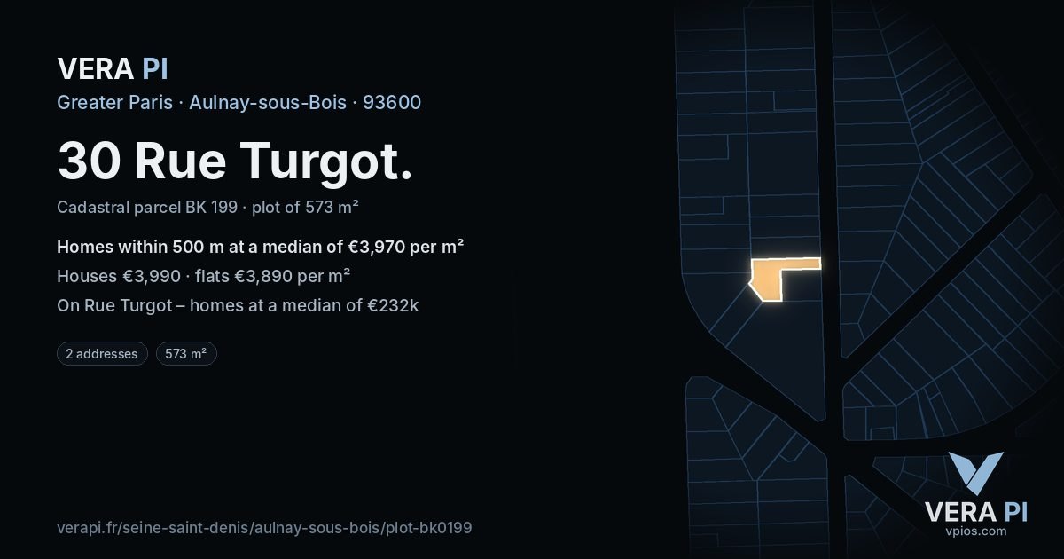 30 Rue Turgot, Aulnay-sous-Bois at night – the plot lit, the parcels around coloured by the prices near them