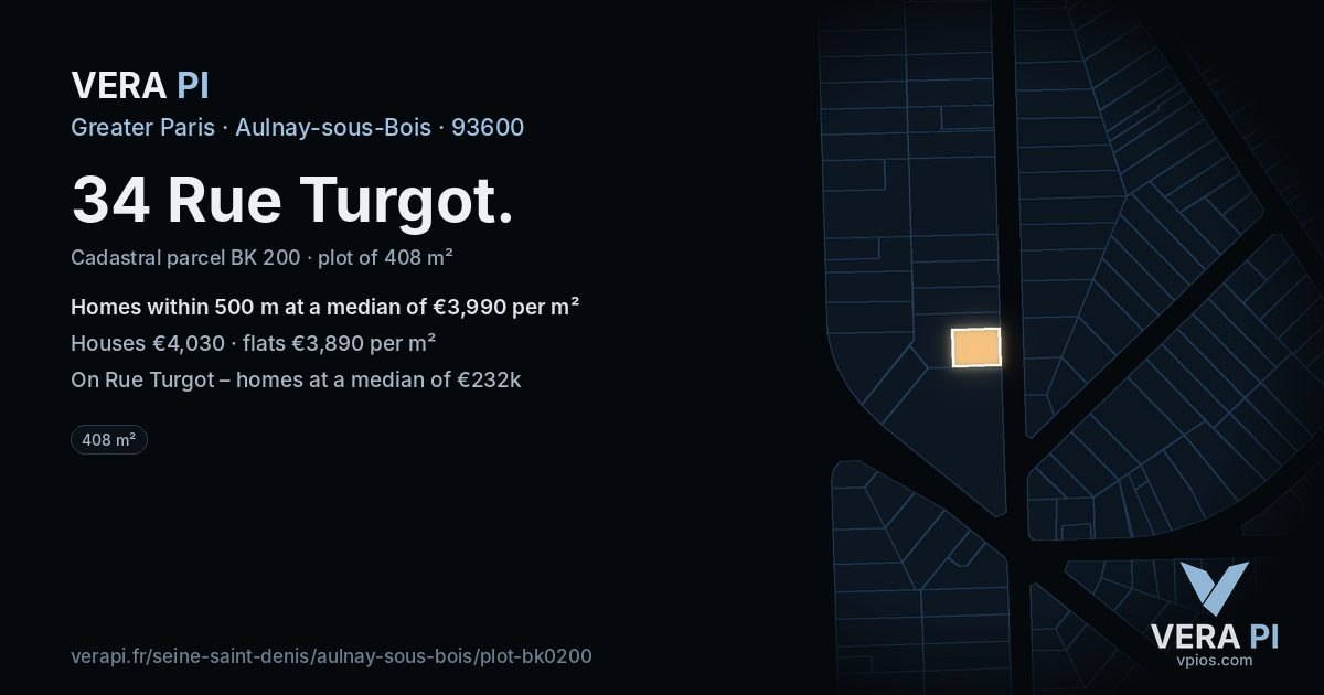 34 Rue Turgot, Aulnay-sous-Bois at night – the plot lit, the parcels around coloured by the prices near them