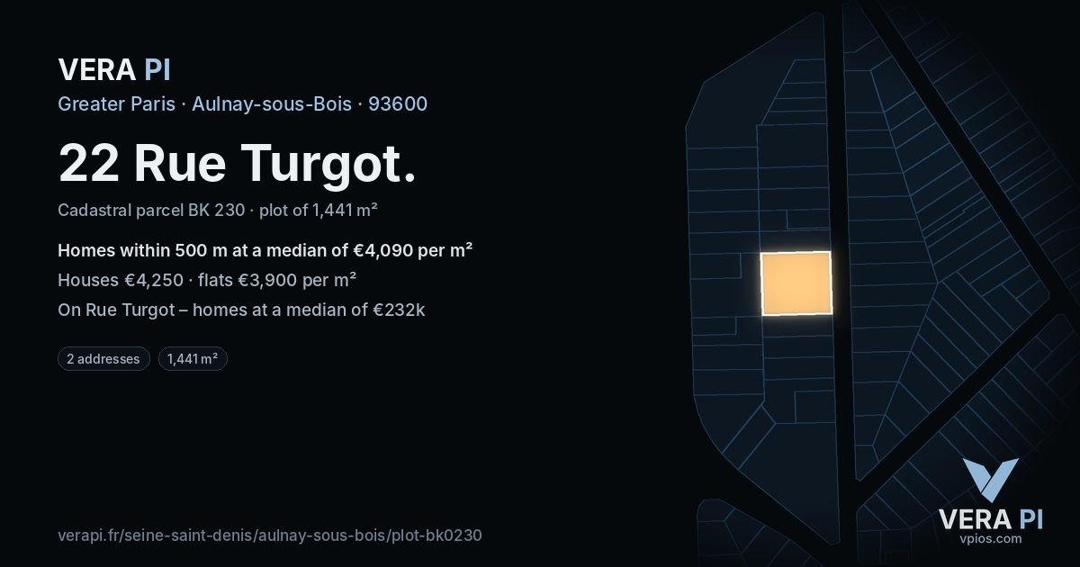 22 Rue Turgot, Aulnay-sous-Bois at night – the plot lit, the parcels around coloured by the prices near them