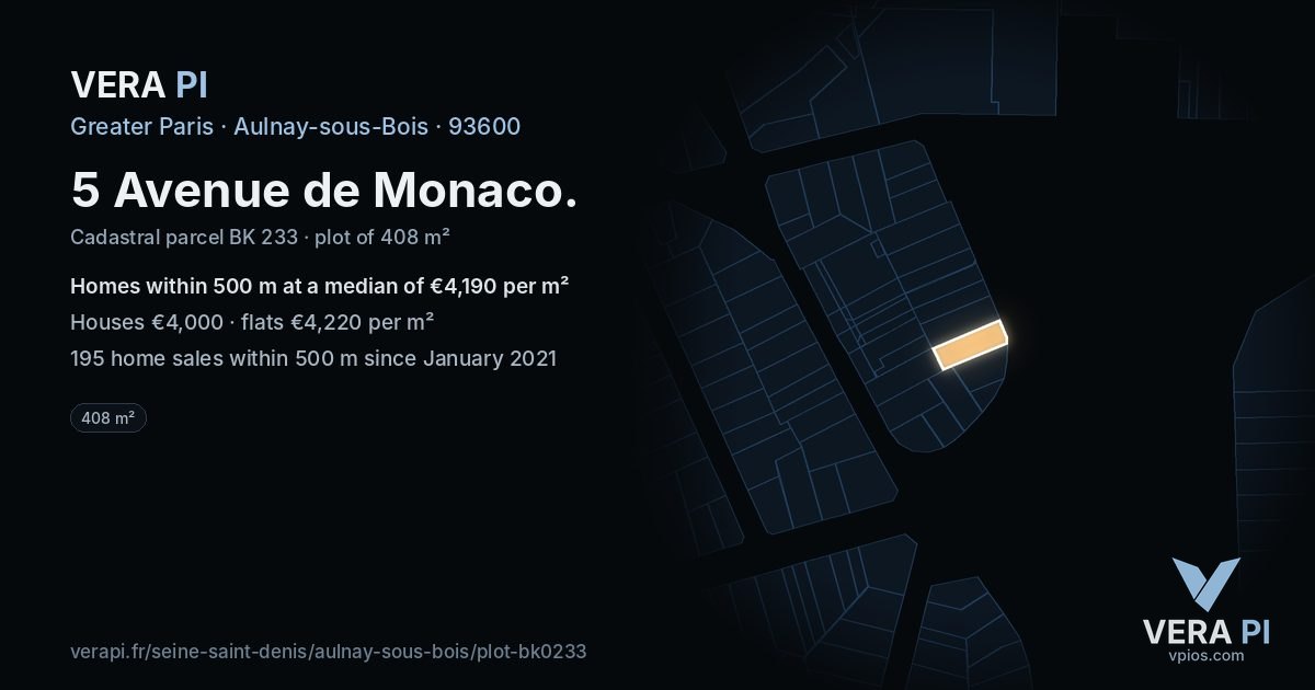 5 Avenue de Monaco, Aulnay-sous-Bois at night – the plot lit, the parcels around coloured by the prices near them