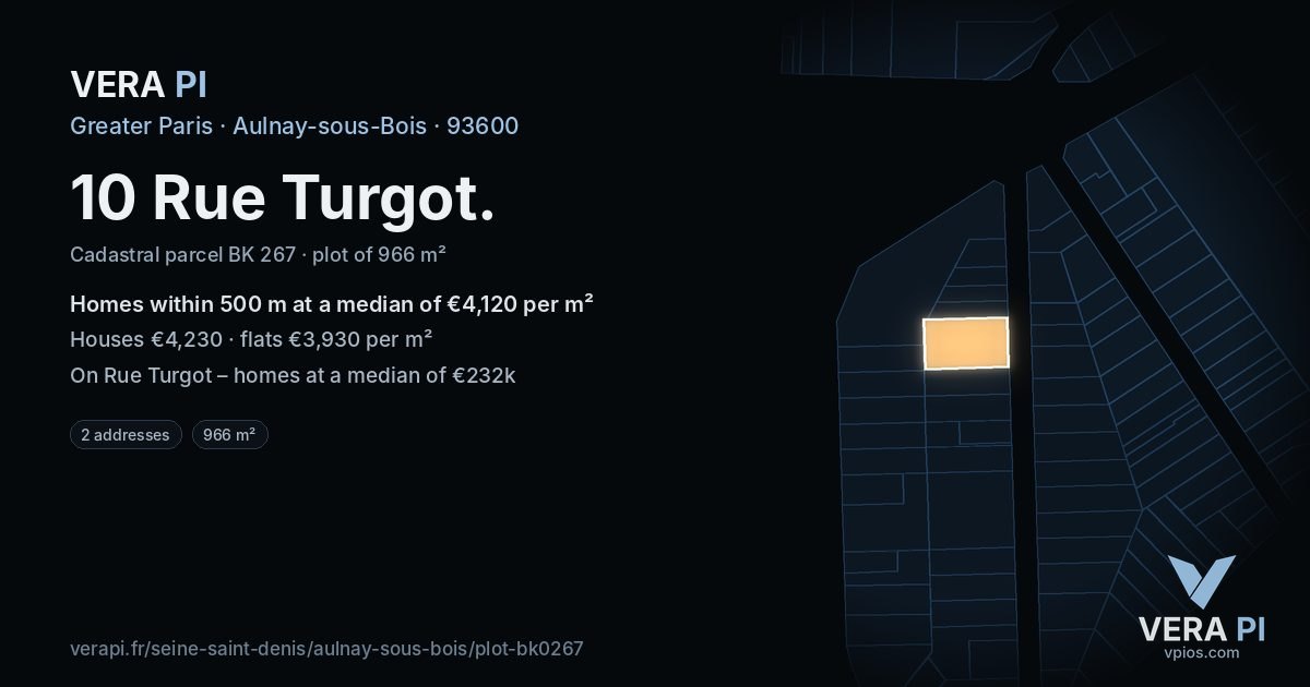 10 Rue Turgot, Aulnay-sous-Bois at night – the plot lit, the parcels around coloured by the prices near them