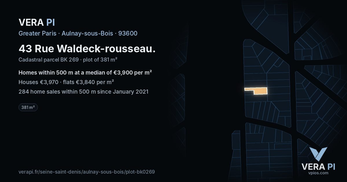 43 Rue Waldeck-rousseau, Aulnay-sous-Bois at night – the plot lit, the parcels around coloured by the prices near them