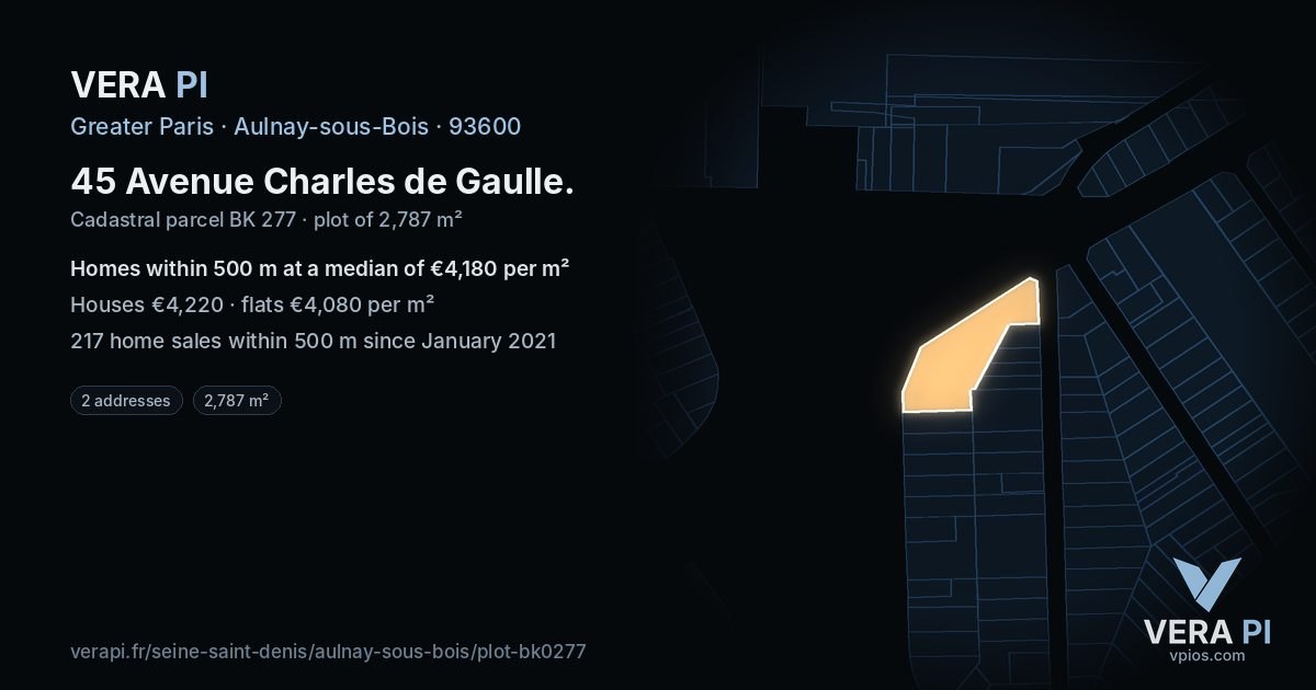 45 Avenue Charles de Gaulle, Aulnay-sous-Bois at night – the plot lit, the parcels around coloured by the prices near them