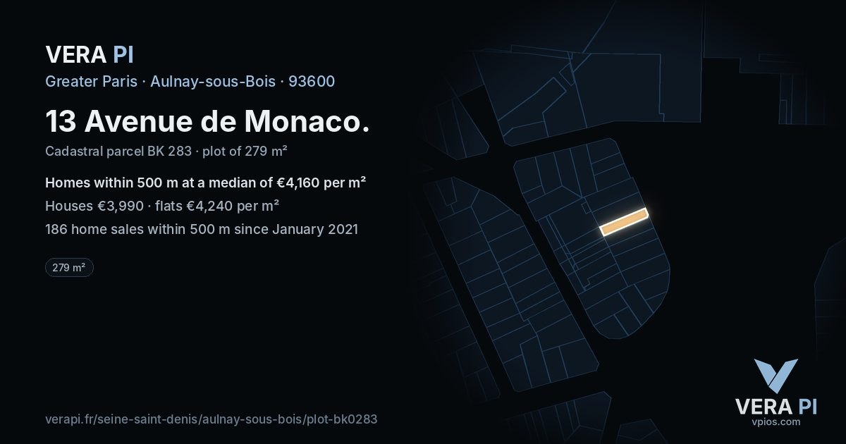 13 Avenue de Monaco, Aulnay-sous-Bois at night – the plot lit, the parcels around coloured by the prices near them