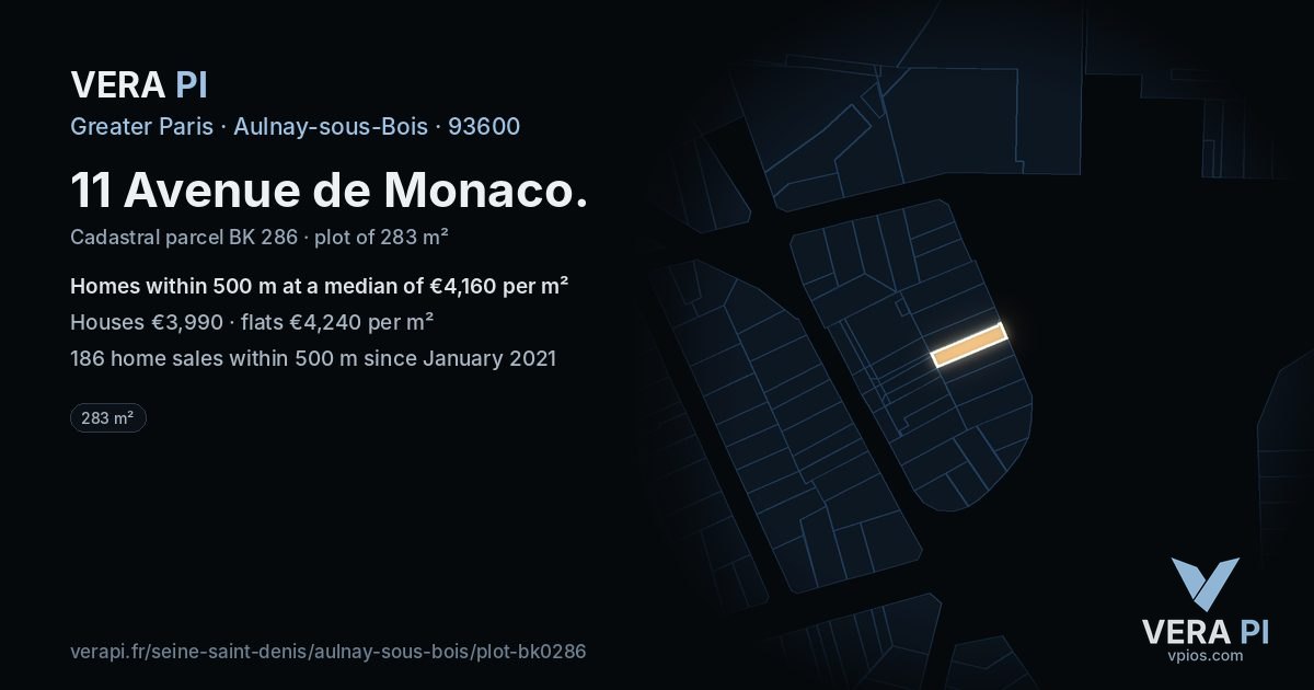 11 Avenue de Monaco, Aulnay-sous-Bois at night – the plot lit, the parcels around coloured by the prices near them