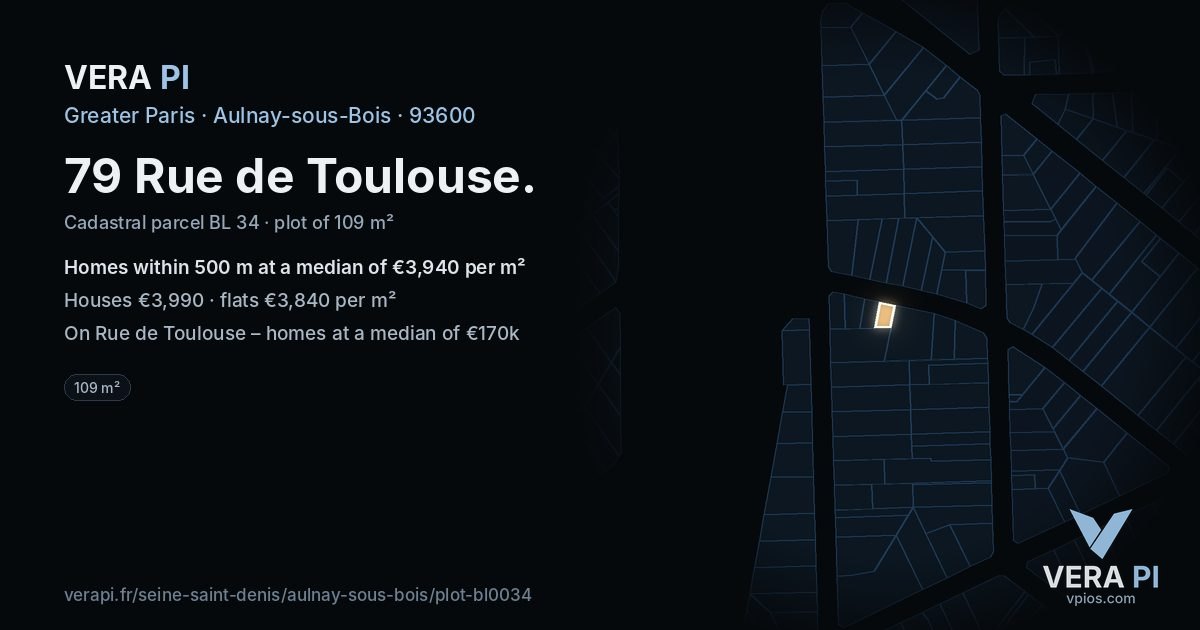 79 Rue de Toulouse, Aulnay-sous-Bois at night – the plot lit, the parcels around coloured by the prices near them