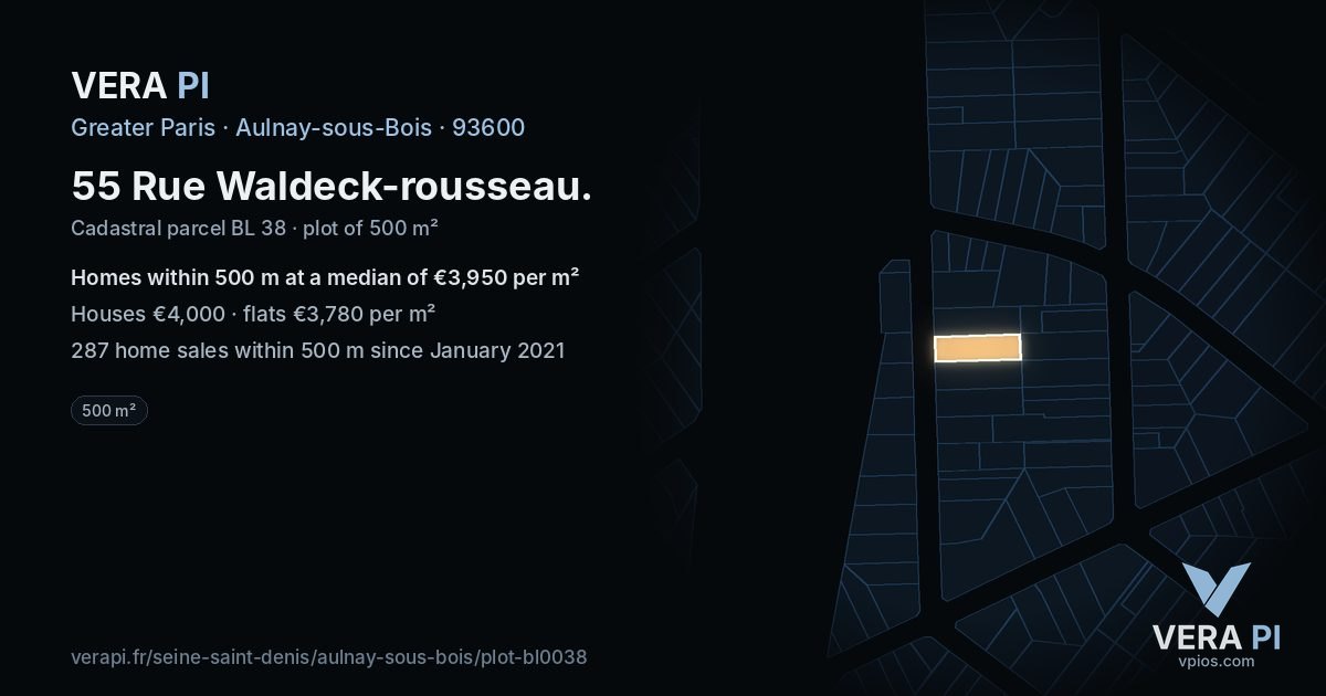 55 Rue Waldeck-rousseau, Aulnay-sous-Bois at night – the plot lit, the parcels around coloured by the prices near them