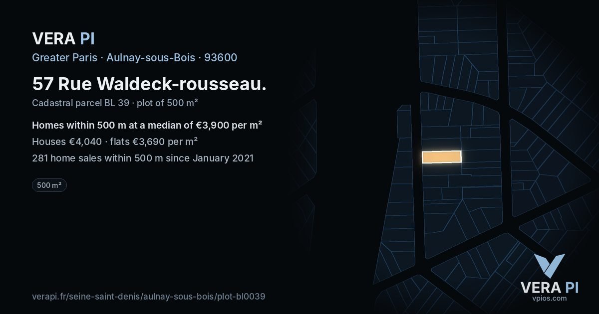 57 Rue Waldeck-rousseau, Aulnay-sous-Bois at night – the plot lit, the parcels around coloured by the prices near them