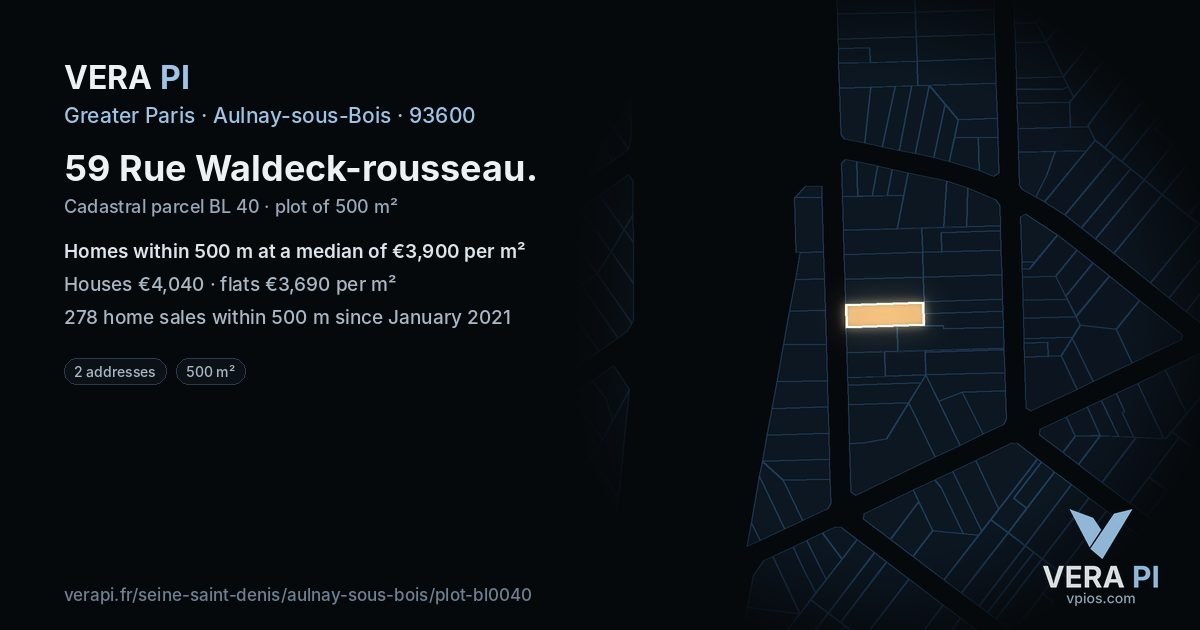59 Rue Waldeck-rousseau, Aulnay-sous-Bois at night – the plot lit, the parcels around coloured by the prices near them