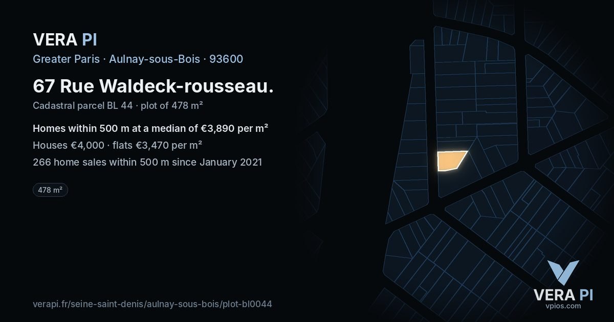 67 Rue Waldeck-rousseau, Aulnay-sous-Bois at night – the plot lit, the parcels around coloured by the prices near them