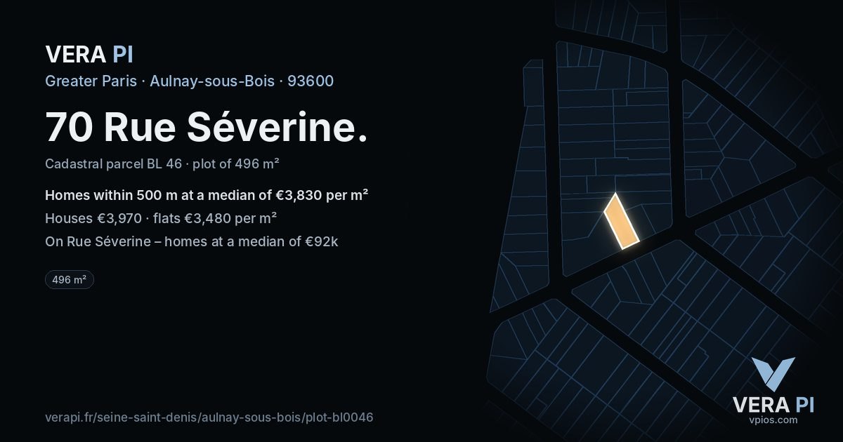 70 Rue Séverine, Aulnay-sous-Bois at night – the plot lit, the parcels around coloured by the prices near them