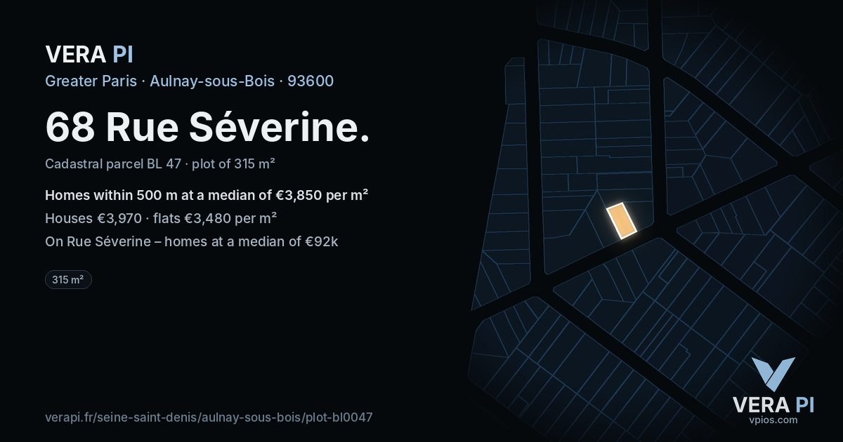 68 Rue Séverine, Aulnay-sous-Bois at night – the plot lit, the parcels around coloured by the prices near them
