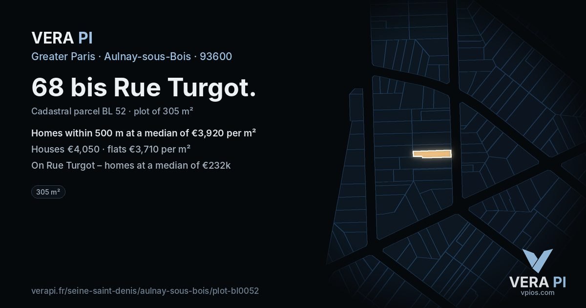 68 bis Rue Turgot, Aulnay-sous-Bois at night – the plot lit, the parcels around coloured by the prices near them