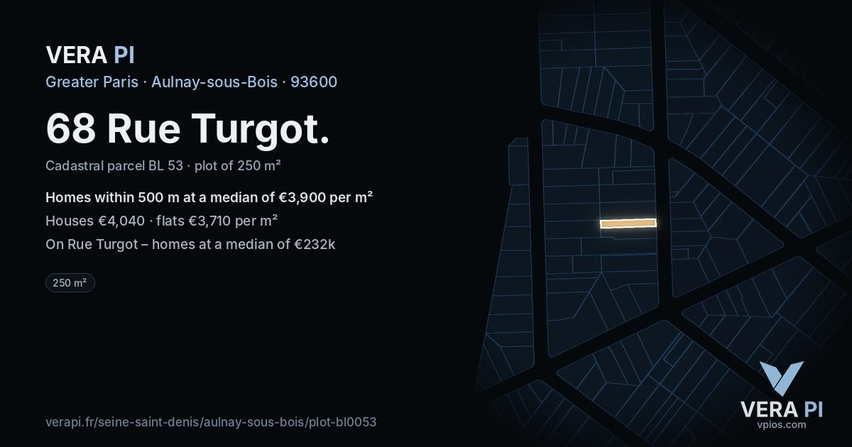 68 Rue Turgot, Aulnay-sous-Bois at night – the plot lit, the parcels around coloured by the prices near them