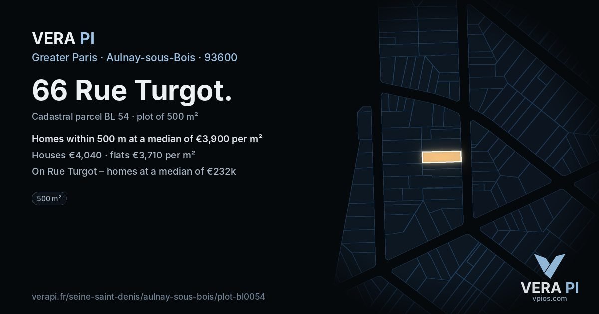 66 Rue Turgot, Aulnay-sous-Bois at night – the plot lit, the parcels around coloured by the prices near them