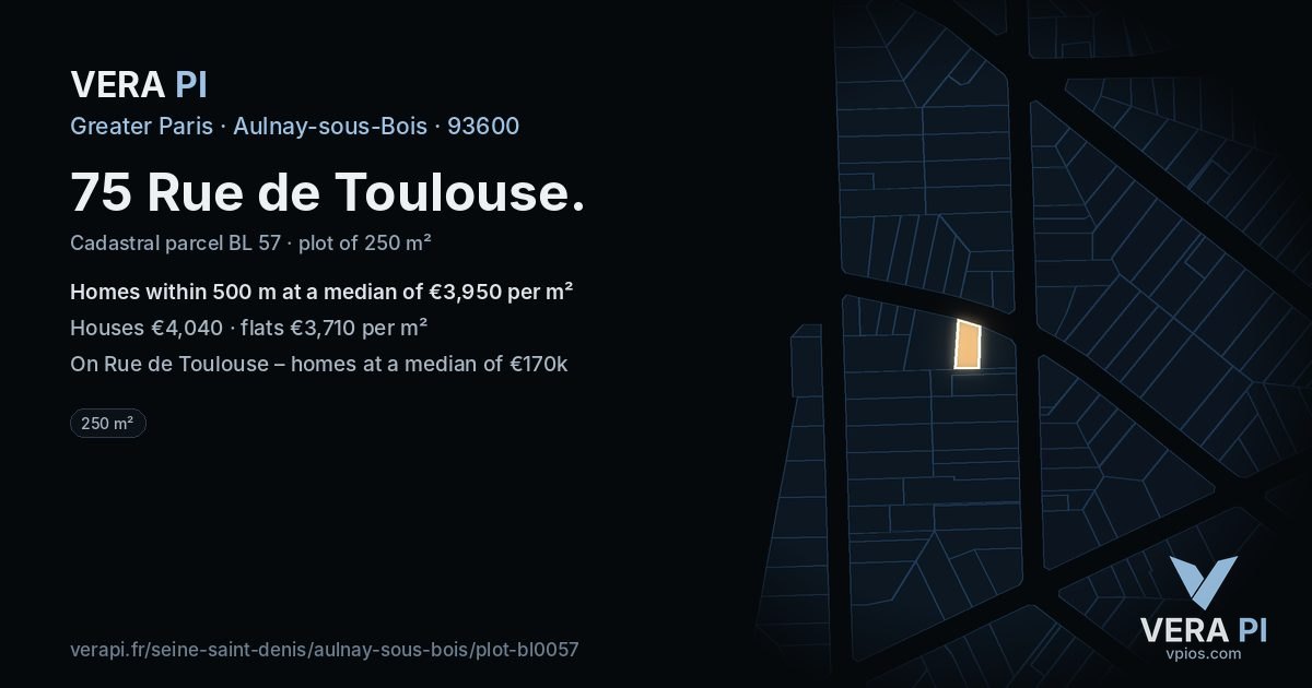 75 Rue de Toulouse, Aulnay-sous-Bois at night – the plot lit, the parcels around coloured by the prices near them