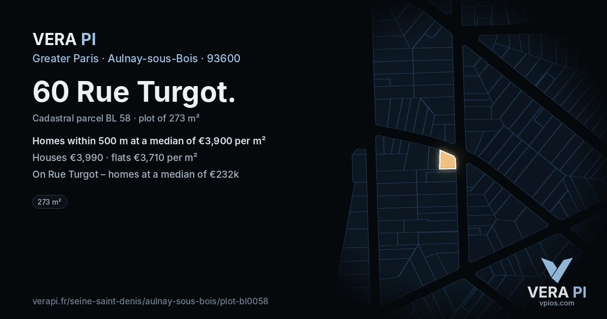 60 Rue Turgot, Aulnay-sous-Bois at night – the plot lit, the parcels around coloured by the prices near them