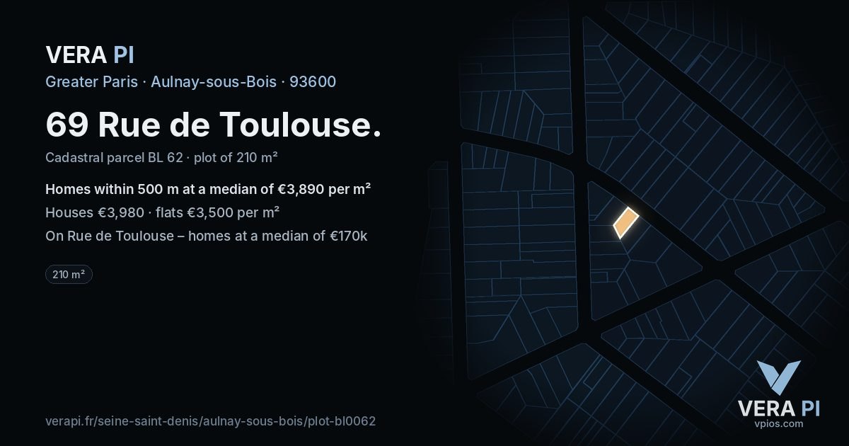 69 Rue de Toulouse, Aulnay-sous-Bois at night – the plot lit, the parcels around coloured by the prices near them