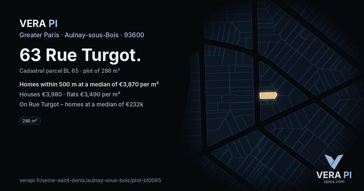 63 Rue Turgot, Aulnay-sous-Bois at night – the plot lit, the parcels around coloured by the prices near them