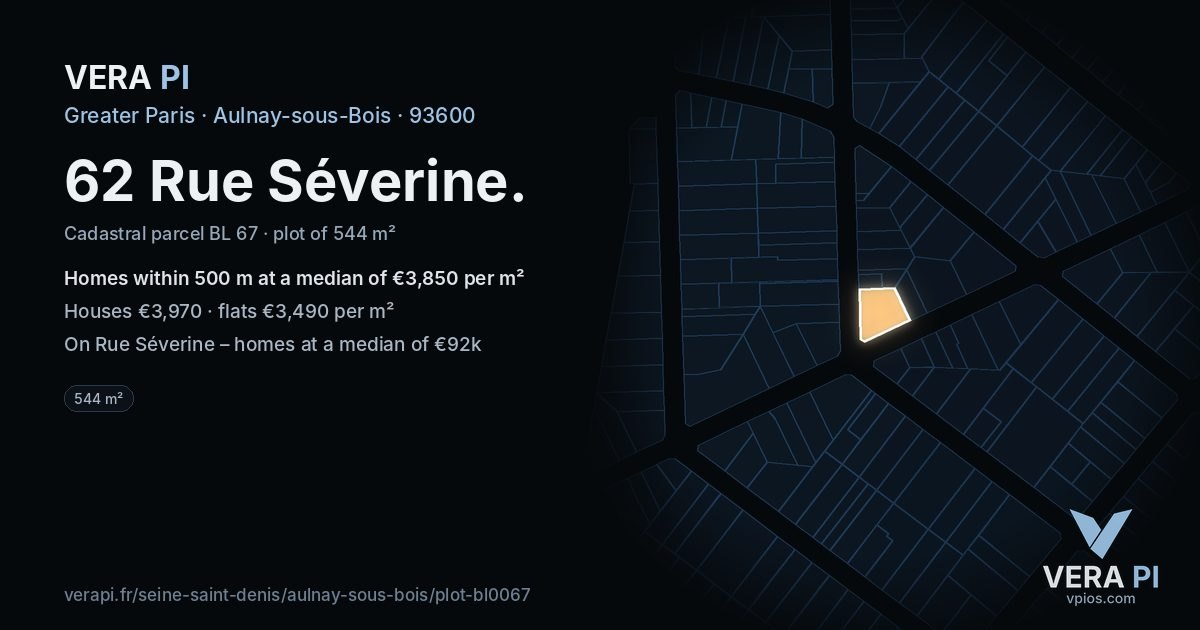 62 Rue Séverine, Aulnay-sous-Bois at night – the plot lit, the parcels around coloured by the prices near them