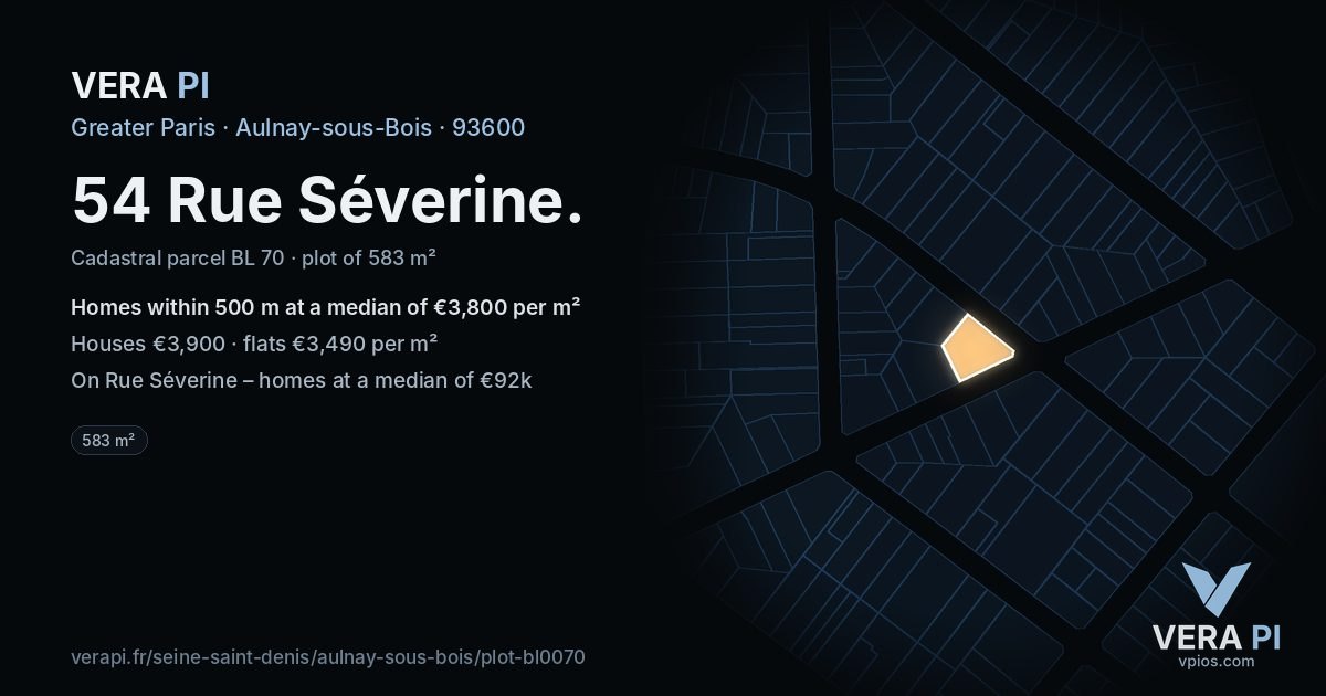 54 Rue Séverine, Aulnay-sous-Bois at night – the plot lit, the parcels around coloured by the prices near them