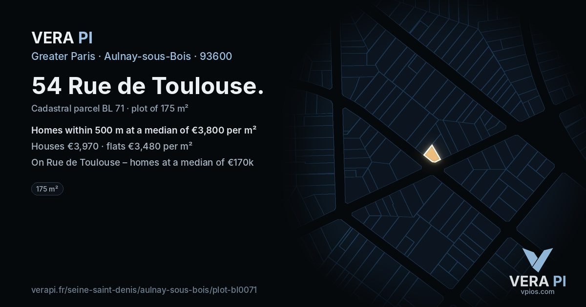 54 Rue de Toulouse, Aulnay-sous-Bois at night – the plot lit, the parcels around coloured by the prices near them