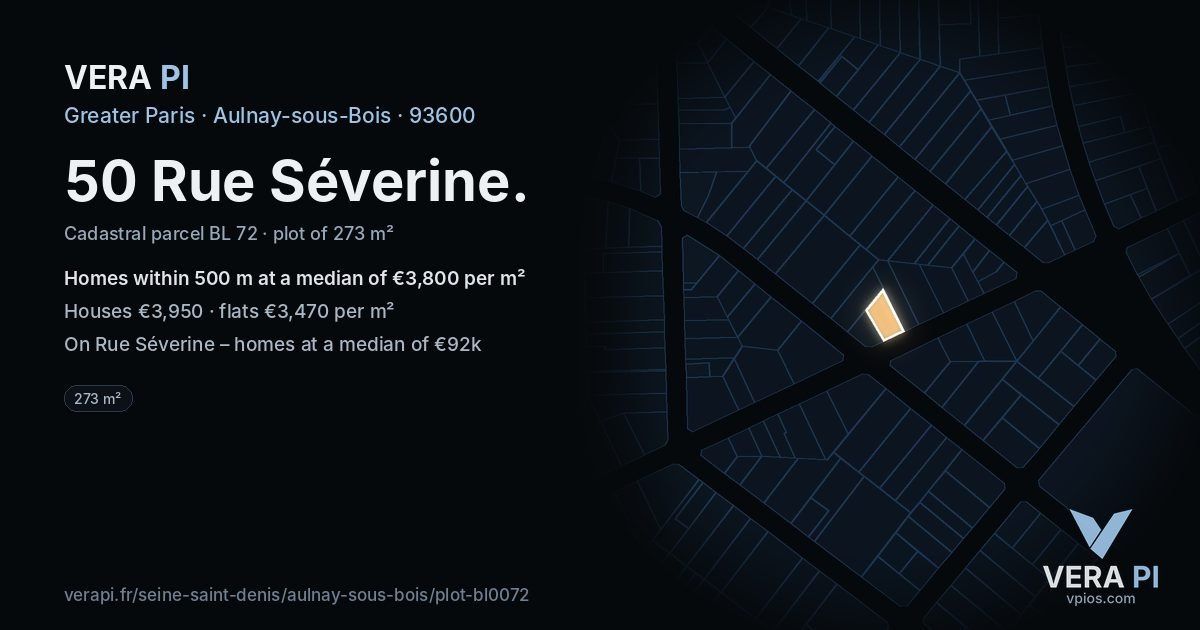 50 Rue Séverine, Aulnay-sous-Bois at night – the plot lit, the parcels around coloured by the prices near them
