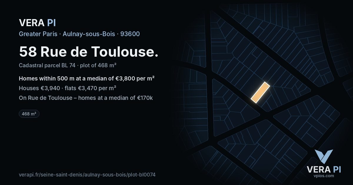 58 Rue de Toulouse, Aulnay-sous-Bois at night – the plot lit, the parcels around coloured by the prices near them