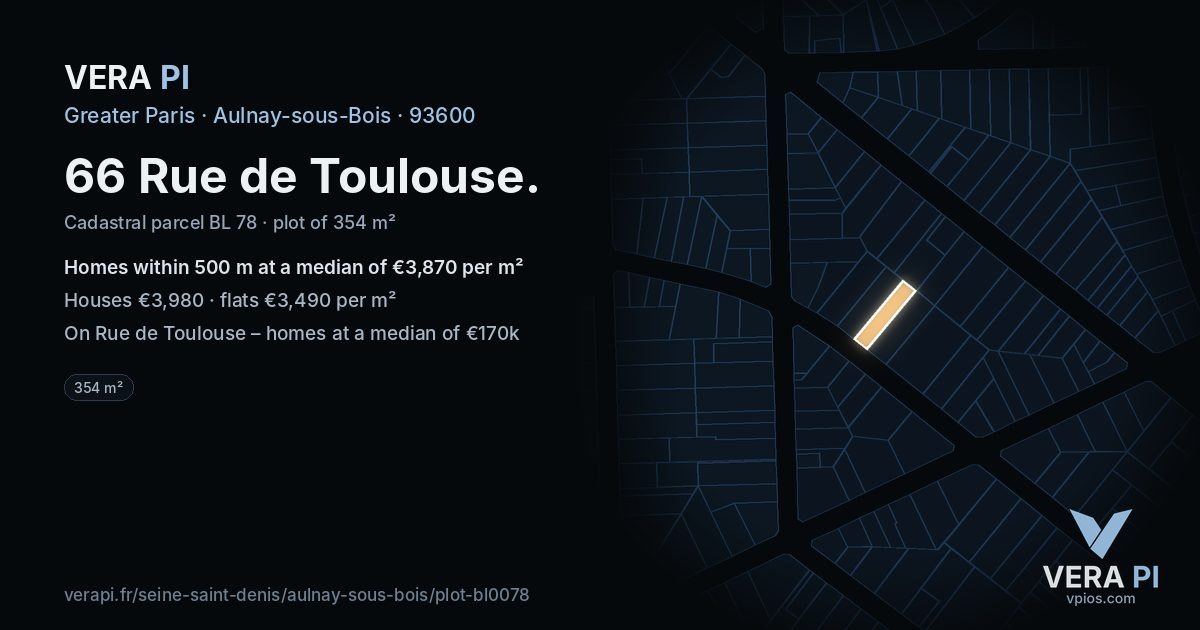 66 Rue de Toulouse, Aulnay-sous-Bois at night – the plot lit, the parcels around coloured by the prices near them