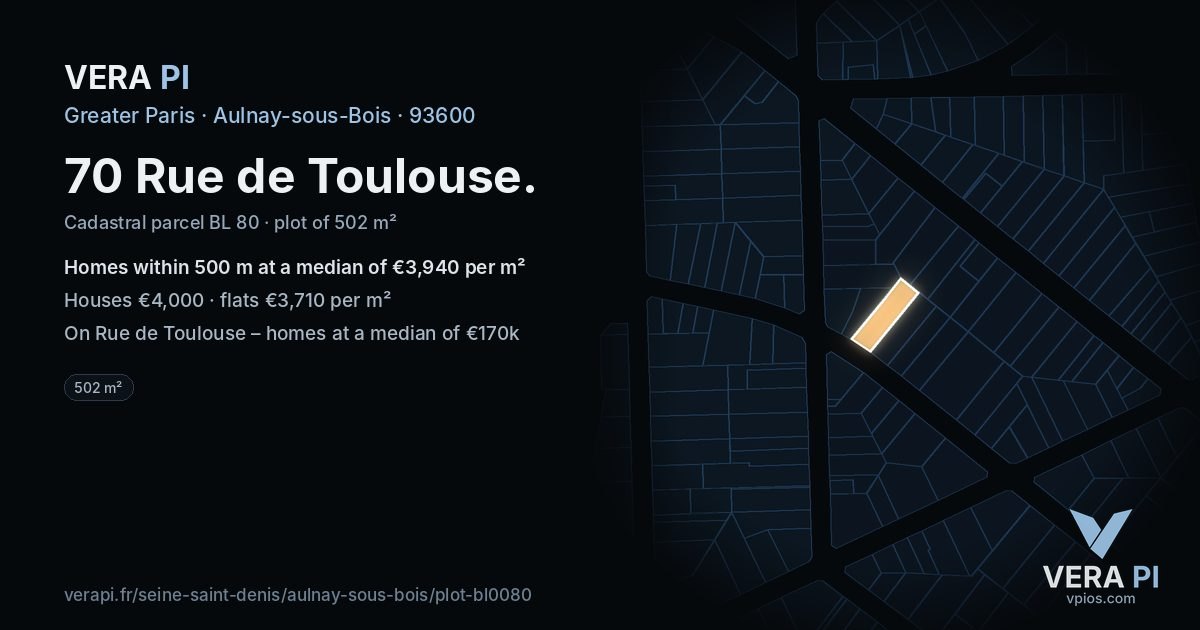 70 Rue de Toulouse, Aulnay-sous-Bois at night – the plot lit, the parcels around coloured by the prices near them